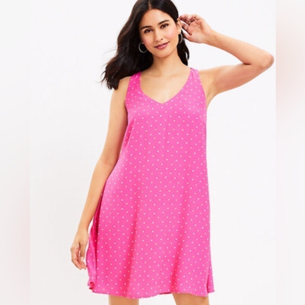 LOFT Polka Dotted Criss Cross Flowy Swing Dress Pink Women’s S